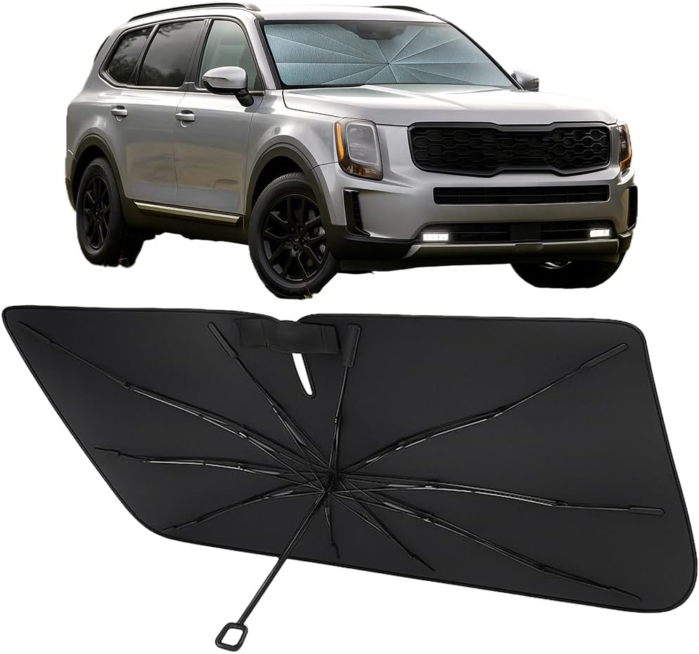 Proadsy Windshield Sun Shade Umbrella for Kia Telluride 2020-2025 2026 Foldable Car Umbrella Sunshade with Soft TPU Handle Spring Structure Crystal Cooling Material Protect Car from Rays & Heat