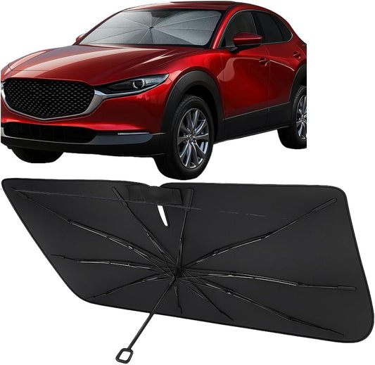 Proadsy Windshield Sun Shade Umbrella for Mazda CX-30 2020-2025 2026 Foldable Car Umbrella Sunshade with Soft TPU Handle Spring Structure Crystal Cooling Material Protect Car from Rays & Heat