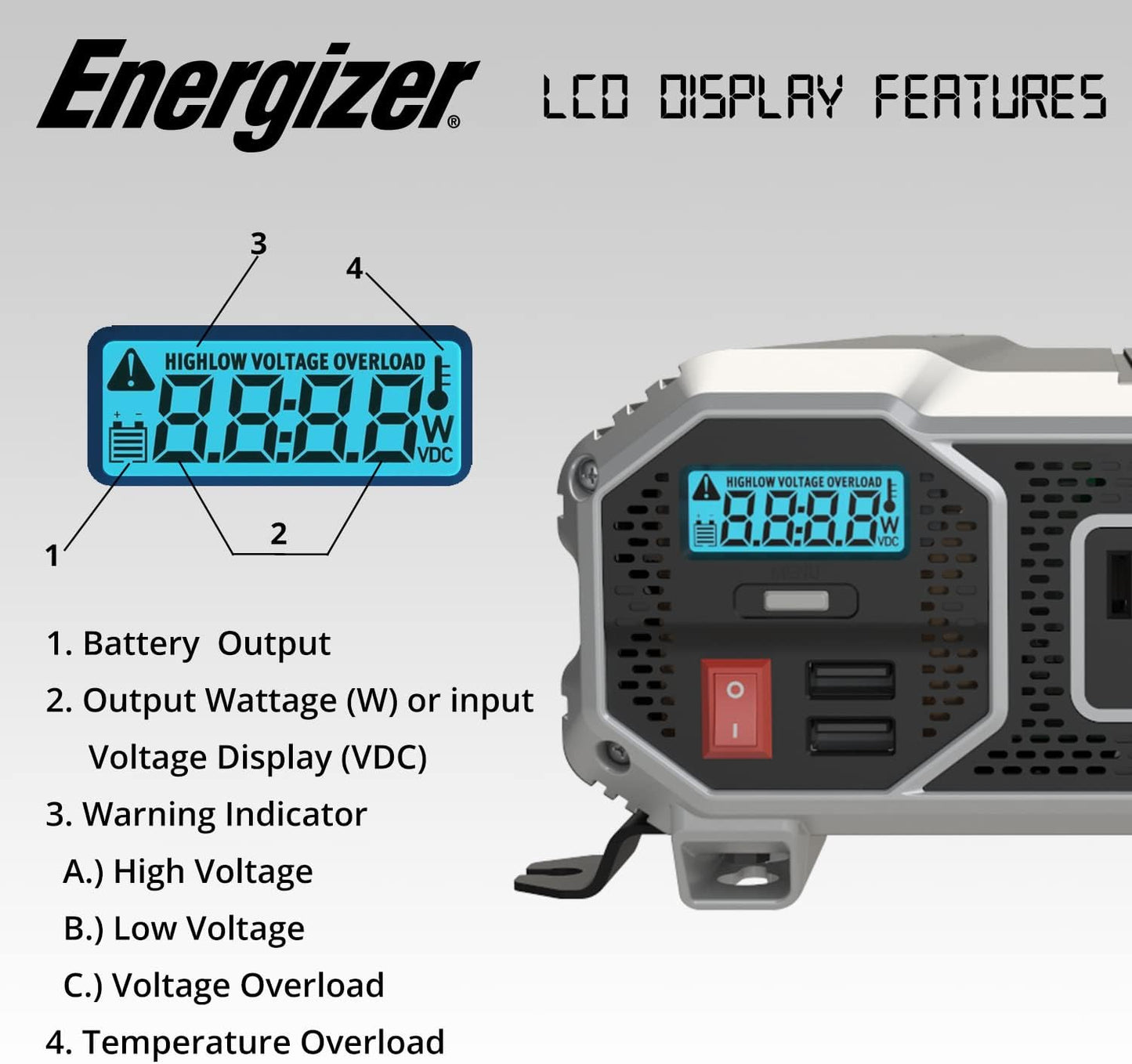 Energizer 1100 Watts Power Inverter Modified Sine Wave Car Inverter, 12V to 110 Volts, Two AC Outlets, Two USB Ports (2.4 Amp) and Battery Cables Included – ETL Approved Under UL STD 458