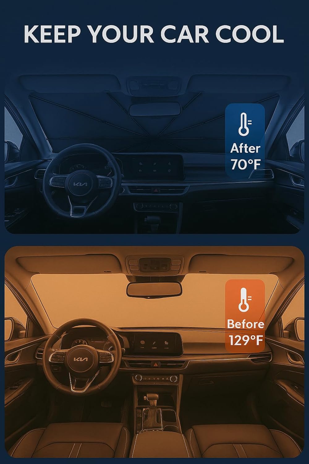 Proadsy Windshield Sun Shade Umbrella for Kia K5 2021-2025 Foldable Car Umbrella Sunshade with Soft TPU Handle Spring Structure Crystal Cooling Material Protect Car from Rays & Heat