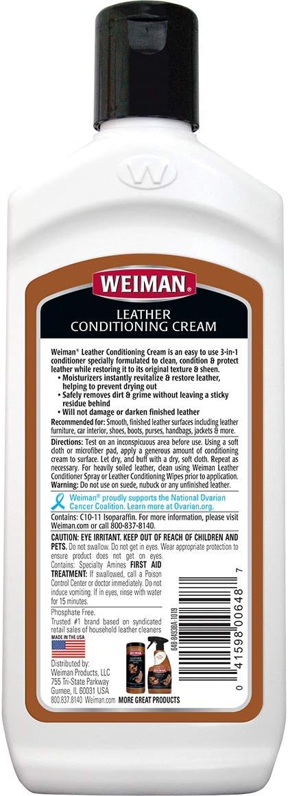 Weiman 3 in 1 Deep Leather Cleaner & Conditioner Cream - Restores Leather Surfaces - Use on Leather Furniture, Car Seats, Shoes, Bags, Jackets, Saddles