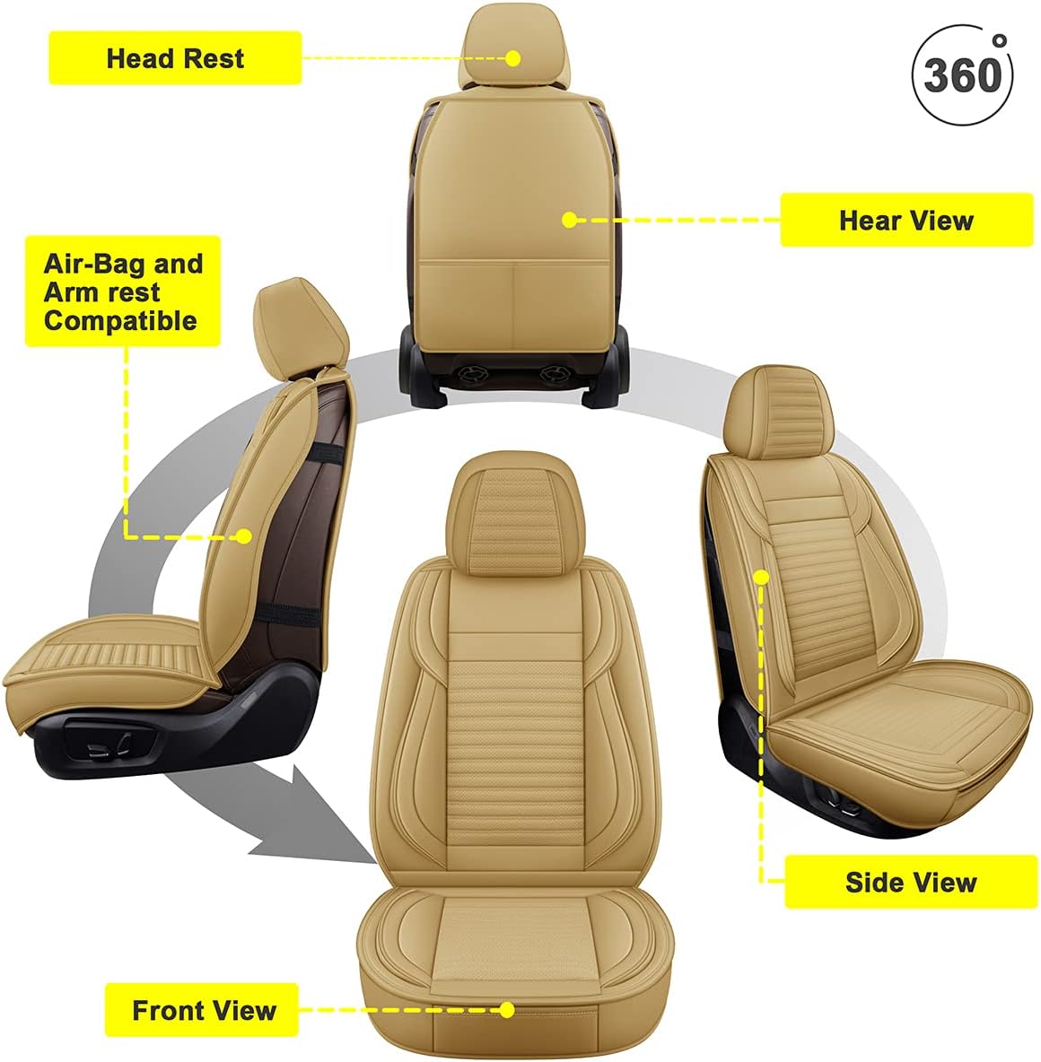 LINGVIDO Car Seat Covers, Breathable and Waterproof Faux Leather Automotive Seat Covers for Cars SUV Truck Sedan,Universal Driver Seat Cover with Backrest (Front Seat, Beige)