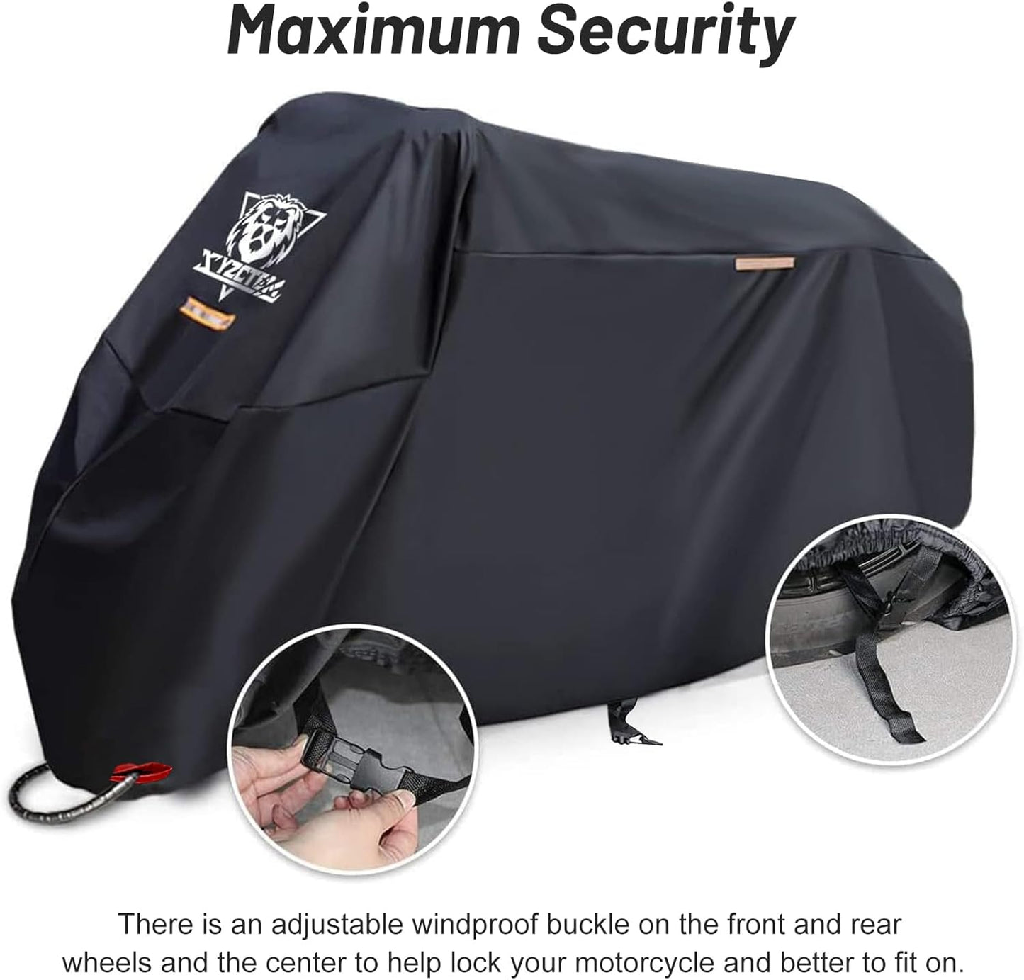XYZCTEM Motorcycle Cover -Waterproof Outdoor Storage Bag,Made of Heavy Duty Material Fits up to 91 inch, Compatible with Harley Davison and All Motors(Black& Lockholes& Professional Windproof Strap)