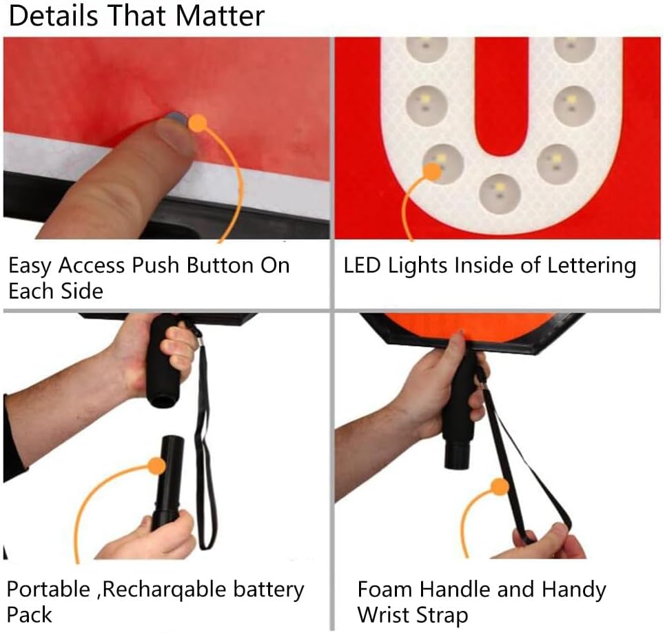 18" LED Stop/Slow Paddle, Reflective Hand Held Stop Sign with Handle, Steady/Flashing Light Modes