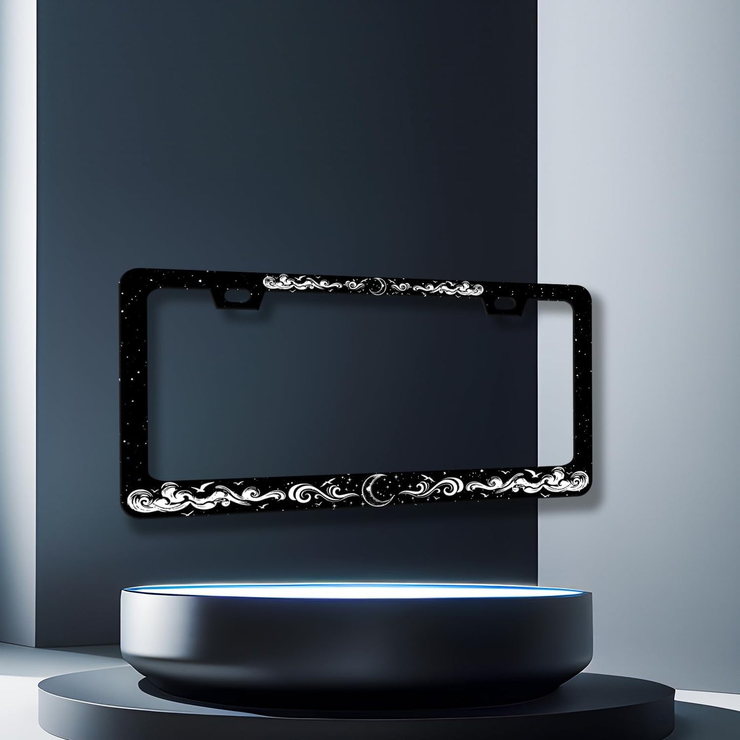 Moon License Plate Frame Clouds Stars Starry Sky License Plate Stainless Steel Funny Black Accessories Cars Decor 12.2 X 6.2 Inch with 2 Holes and Screws Fits Standard Us Ca Vehicles