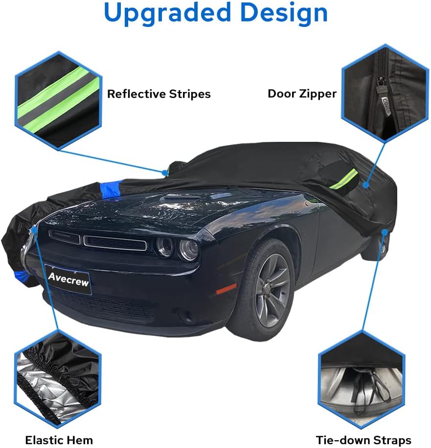 Avecrew Dodge Challenger Car Cover Waterproof All Weather for Automobiles, Outdoor Full Exterior Covers Fit 2008-2023 Dodge Challenger with Windproof Strap and Driver Door Zipper