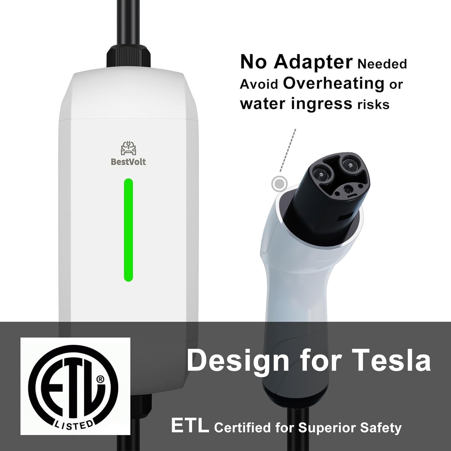 Best Volt Electric Vehicle Portable Charger for Tesla,ETL Certified,25ft Fast Charging, IP65 Waterproof, Compatible with Model 3/X/Y/Cyber Truck,No Adapter Needed (Nema 5-15 120V/16A, White)