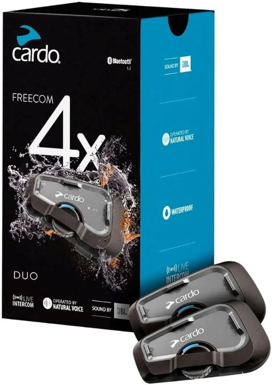 Cardo Systems FREECOM 4X Motorcycle 4-Way Helmet Bluetooth Communication System Headset Intercom, Universal Bluetooth Connectivity, Waterproof, 40mm Speakers - Dual Pack