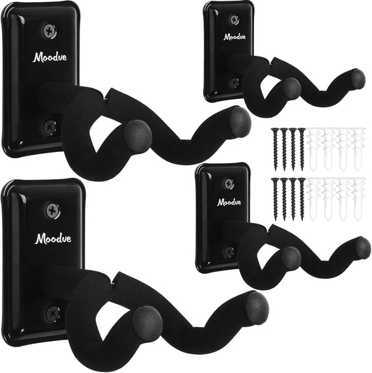 Guitar Wall Mount Hanger, 4-Pack Real Hardwood Guitar Hanger for Wall, Guitar Hook Holder Stand for Bass Electric Acoustic Guitar Ukulele (Black Metal)