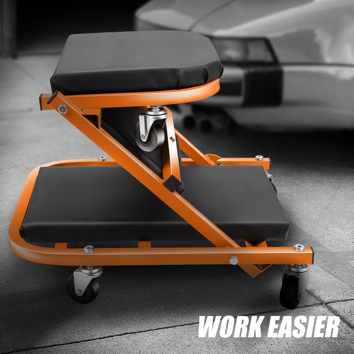 DNA MOTORING 40 Inches Folding 2 in 1 Rolling Z Creeper, Adjustable Roller Garage Chair Lay Down or Sit, 6 Pcs 2" Casters, 150kg Weight Capacity, Orange, TOOLS-00187-OG