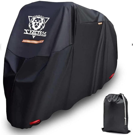 XYZCTEM Motorcycle Cover -Waterproof Outdoor Storage Bag,Made of Heavy Duty Material Fits up to 91 inch, Compatible with Harley Davison and All Motors(Black& Lockholes& Professional Windproof Strap)