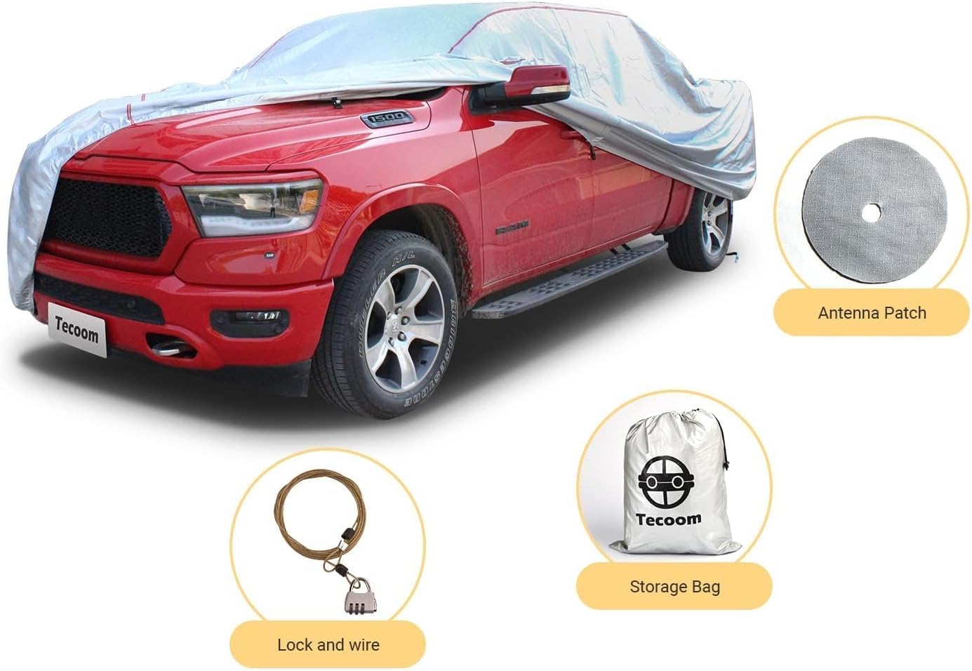 Tecoom Hard Shell Truck Car Cover Waterproof UV-Proof Windproof Zipper Design with Straps Buckle Fit for Ford F150 Ram 1500 Chevy Silverado Toyota Tundra GMC Sierra Full Size Truck Length Up to 212"