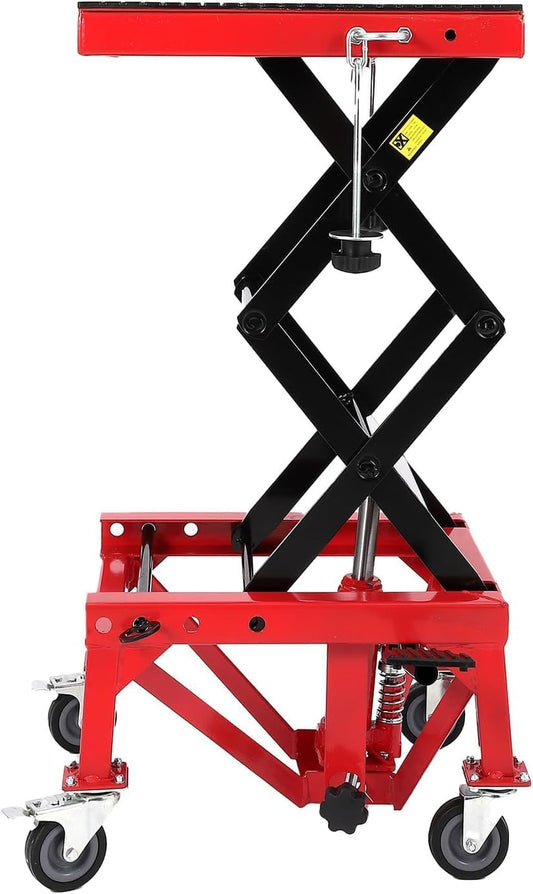 Hydraulic 350LBS Motorcycle Lift Jack - Foot-Pump Scissor Lift Table with Safety Lock, Wheels & Oil Drain Hole - Height Adjustable 13.78-34.25" for ATV, Dirt Bike, Cruiser Maintenance Red