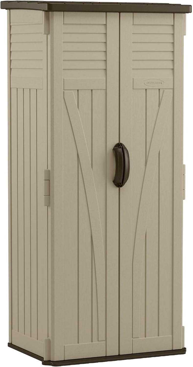 Suncast 22 Cubic Feet Capacity Tall Plastic Vertical Outdoor Shed for Garden, Backyard, Patio, or Pool Supplies Storage, Brown