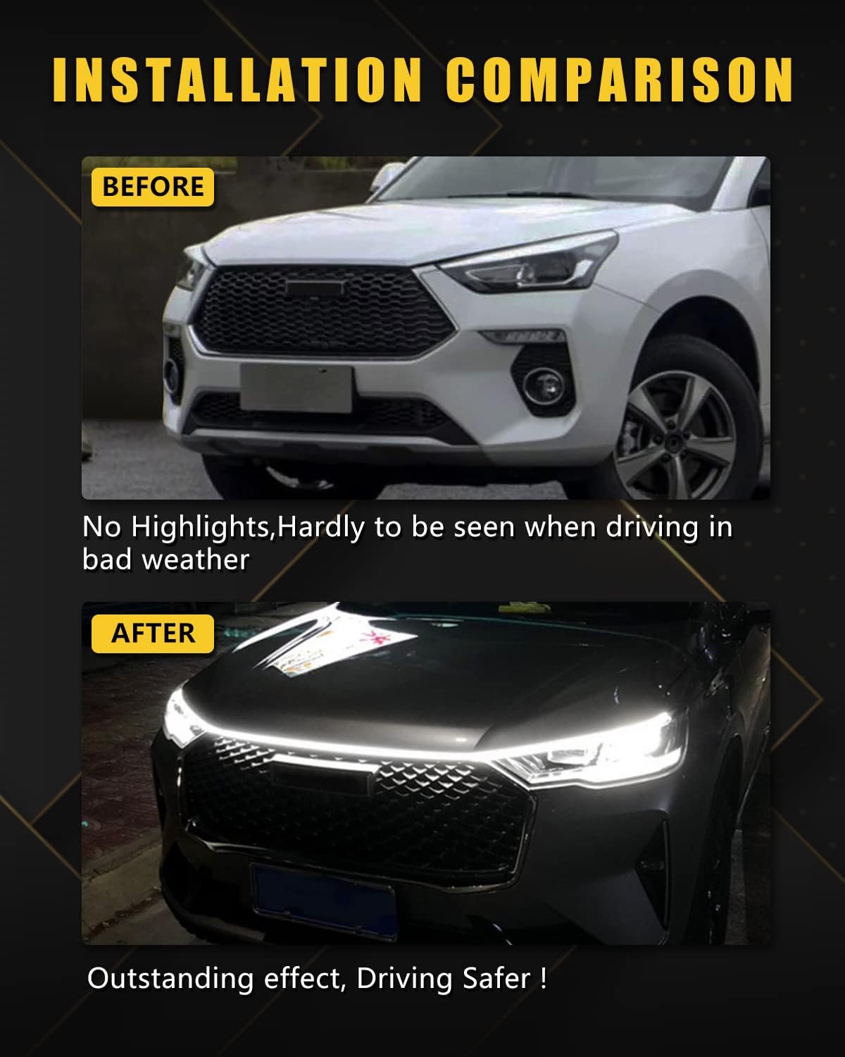 YM E-Bright Led Hood Light Strip Flexible Waterproof Dynamic Scan Start Up Hoodbeam Kit DRL Daytime Running Lights Exterior Led Lights for Cars,Truck,SUV,12V White 240CM/94inch,1 Set