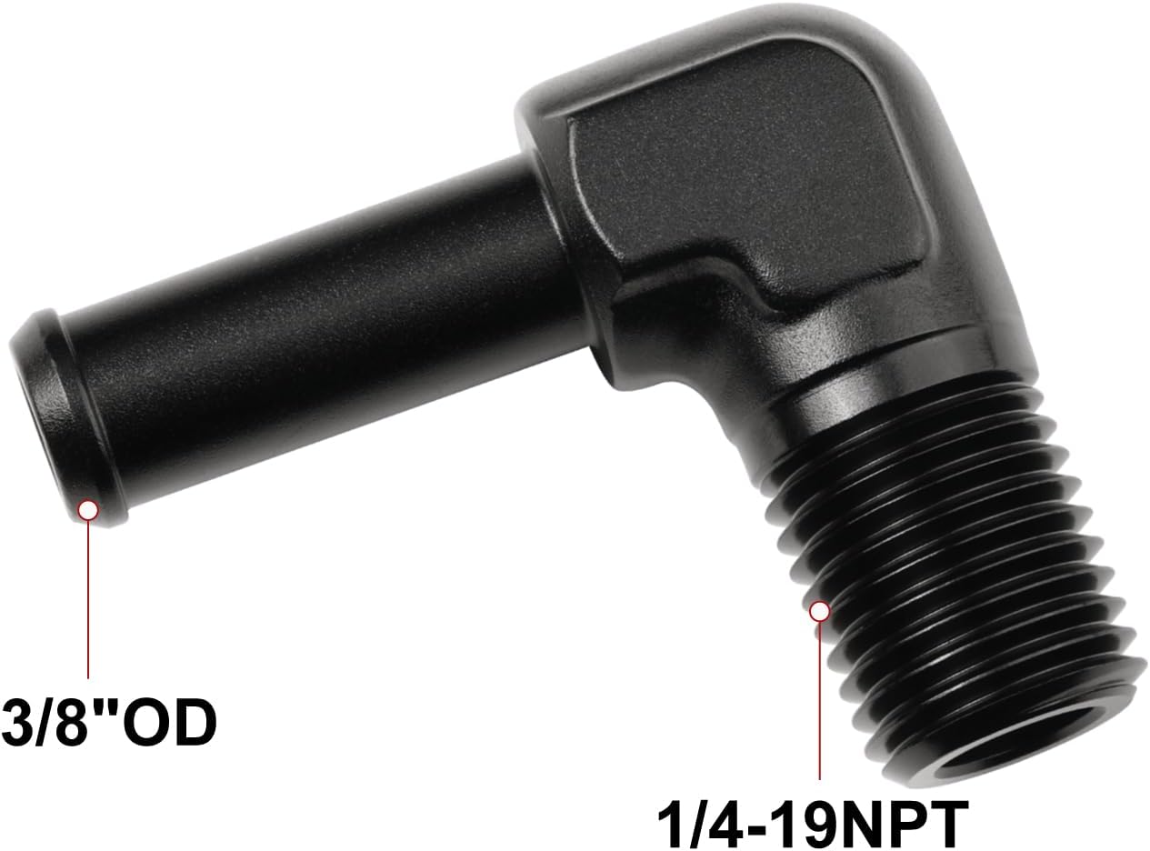1/4 NPT Male to 3/8" Hose Barb Fitting Adapter 90 Degree Elbow Aluminum Black