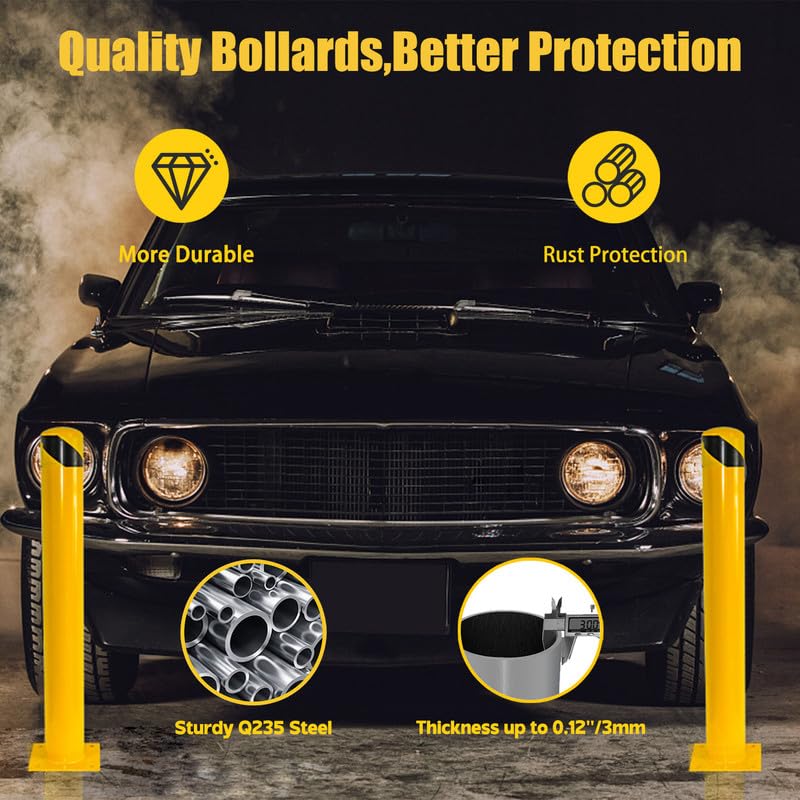 Bollard Post(42''*4.5''), Steel Bollards, Safety Bollard Yellow Powder Coated Parking Bollard Driveaway Barrier for Traffic-Sensitive Area, Garage or Parking Lot(42''-2pcs)