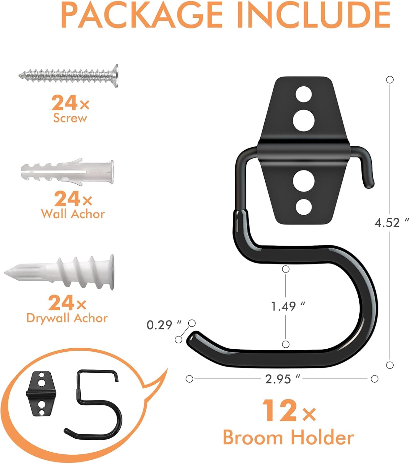 LIGHT DUST Broom Holder Wall Mount - 12 Pack Tool Hangers Garage Wall Hanging Organizer - Heavy Duty Metal Large S Hooks for Mop Shovel Rake Shed Garden Lawn Yard Handle Tools Organization (Black)