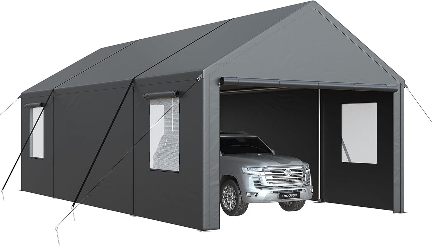 Carport, 13x25 FT Heavy Duty Car Port with Side-Opening Door & Roll-Up Windows, Outdoor Portable Garage Reinforced Four-Hole Base for Car, Truck, Boat, Motorcycle