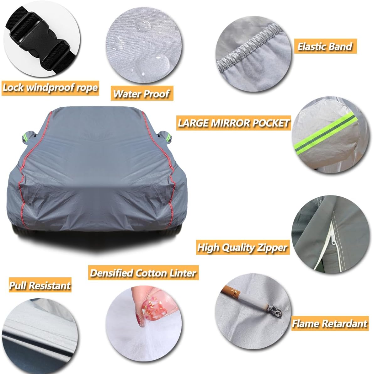 AUQDD 6-Layers PEVA New Material Sedan SUV Full Padded Car Cover Waterproof All Weather Weatherproof UV Sun Protection Snow Dust Storm Resistant Outdoor Exterior Custom Form-Fit Straps 178"-190" Grey