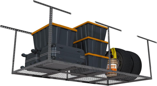 4ftx8ft Overhead Garage Storage Rack, Heavy-Duty Metal Garage Ceiling Storage Rack, 22''-40" Adjustable Ceiling Drop-Down, 600 lb. Loading Weight Capacity, Hammertone