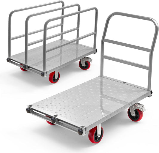 2IN1 Steel Panel Truck Cart, Lumber Cart Drywall Dolly，2500LBS Heavy Duty Flatbed Cart Dolly with 6" Swivel Brake Wheels, 40x24INCH 2MM Plate Platform Truck with 1Front and 3Side Handrails