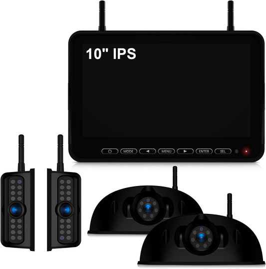 Fookoo HD 10" Wireless 4 RV Backup Camera System for Furrion Pre-Wired RV Truck Trailer, 10" IPS Monitor, 2 Side View 2 Rear View Cameras, Split Screen IR Night Vision Recording Waterproof - D10Y4