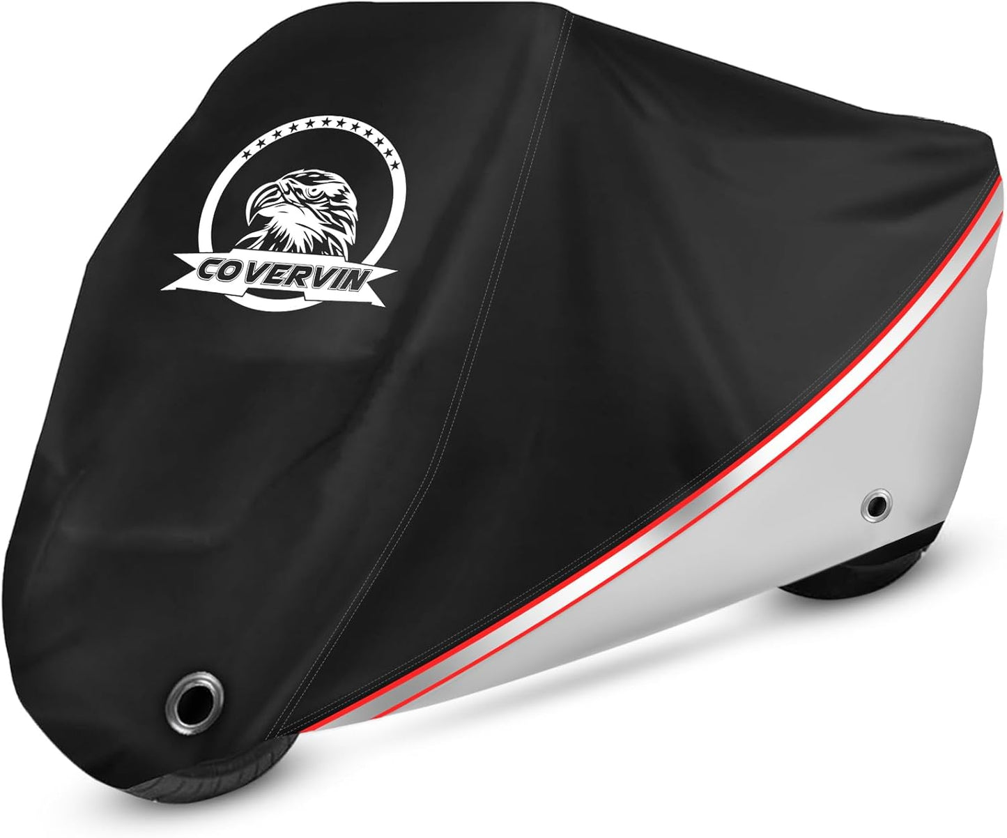 COVERVIN Motorcycle Cover, All Weather Outdoor Waterproof Night Protection with Reflective Strips, Locking Holes and Storage Bag for 96 Inch Suzuki, Kawasaki, Honda, Harley-Davidson(Silver XL)
