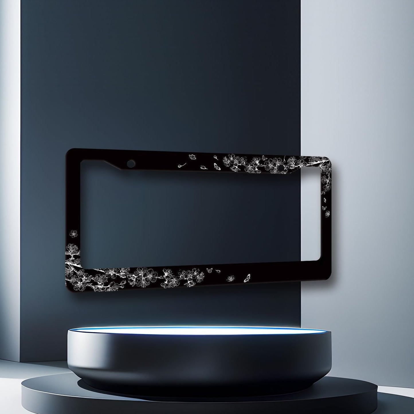 Black White Cherry Blossom License Plate Frame Butterfly Flower License Plate Holder Stainless Steel Car Accessories Decoration 6.3"X12.3" with 2 Holes Screws