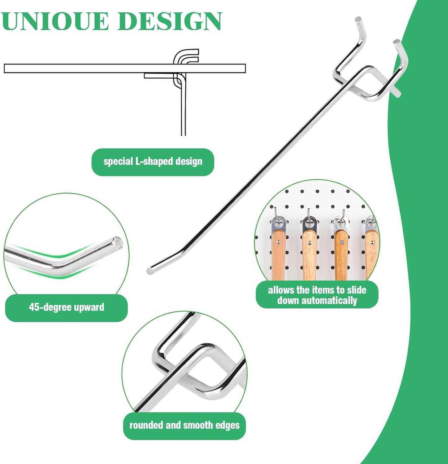 50Pcs 6"/15CM Pegboard Hooks Assortment Set, Metal Peg Board Hooks with 2.5mm Hole Pitch 4mm Wire Diameter Slatwall Hanging Hook for Garage Organization Wall Hanging (Silver)