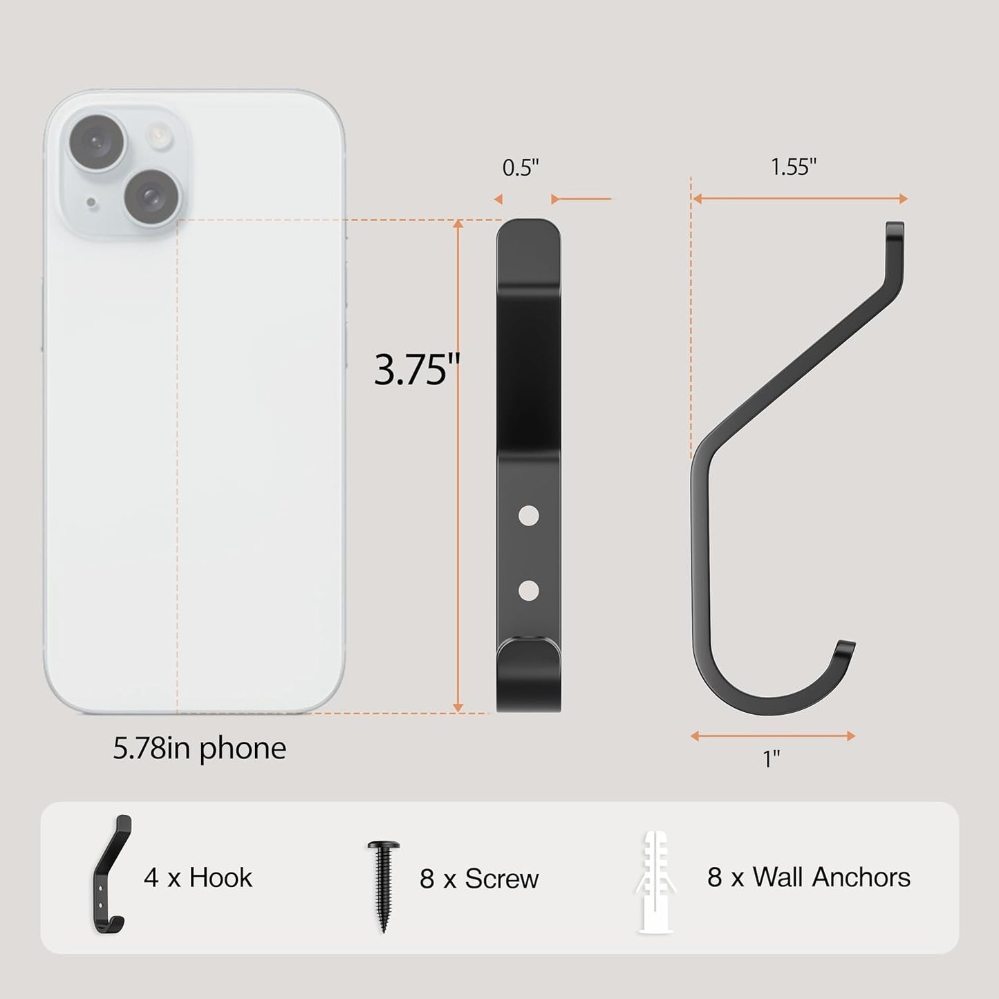 20-Pack Wall Hook for Hanging Coat - 20LB (Max), Stainless Hooks for Towel, Hat, Backpack, Clothes, Wall Mounted Coat Hanger for Closet, Metal, Black