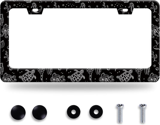 Turtles License Plate Frame Black and White Sea Turtle License Plate Stainless Steel Funny License Plate Holder Men Women Ocean Animal Car Accessory Decoration 12.3" x 6.3"