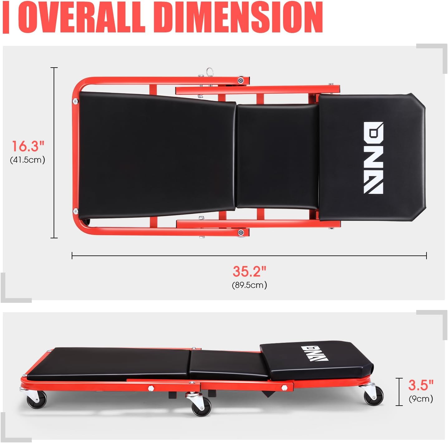 ‎DNA MOTORING TOOLS-00184 36 Inches 2 IN 1 Rolling Folding Car Creeper/Seat, 6 Pcs 2" Casters, 150kg Weight Capacity, Red