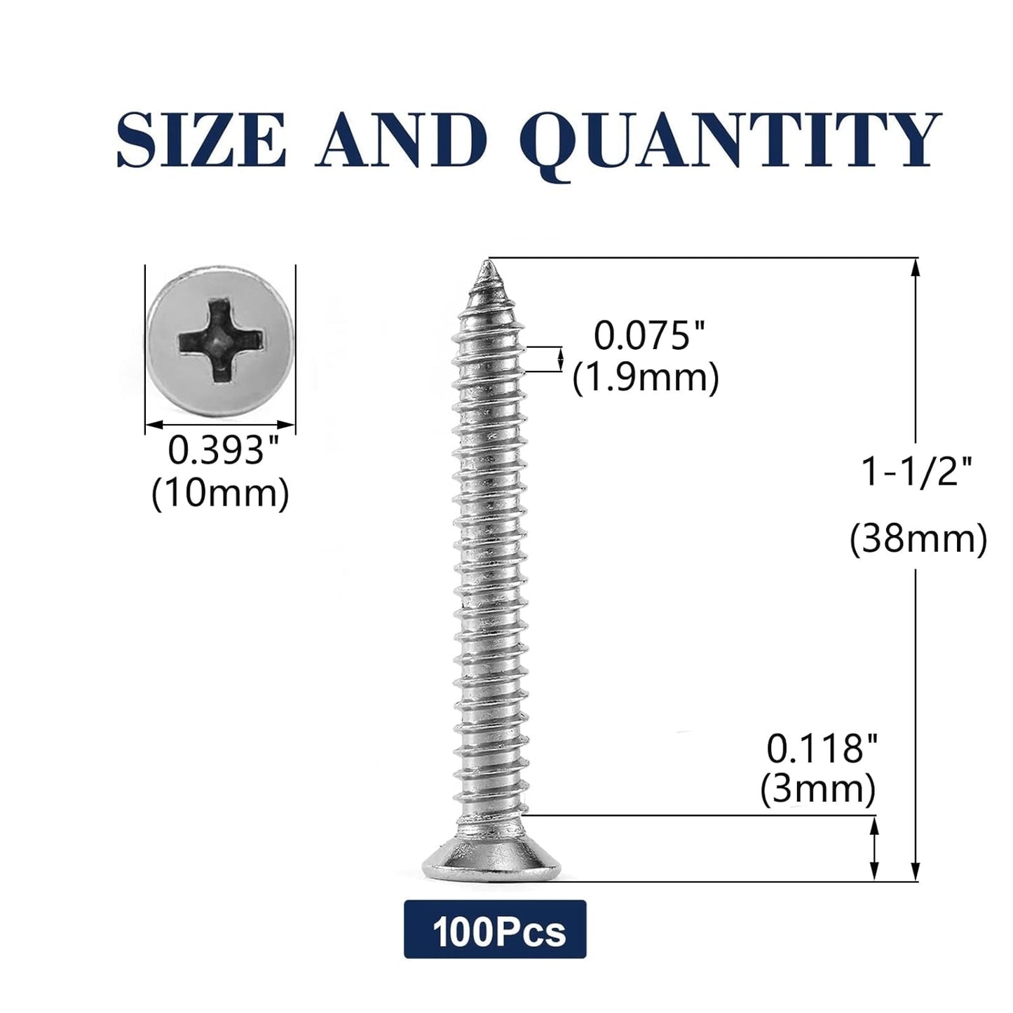 #12 x 1-1/2" Wood Screw 100Pcs 18-8 (304) Stainless Steel Screws Flat Head Phillips Fast Self Tapping Drywall Screws by SG TZH