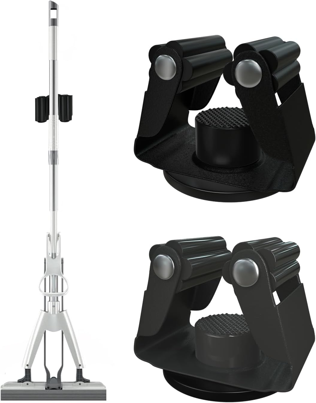 Mop Holder Magnetic, Magnetic Broom Holder for Fridge - Heavy Duty Magnetic Broom Holder Black Steel Magnetic Tool Mount for Home, Kitchen, Laundry, Garage, Workshop - 2 Pack/Black+Grey