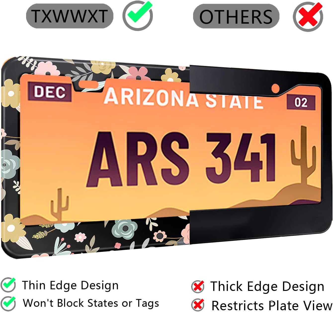 Black Cute Cartoon Floral License Plate Frame Colorful Flowers Stainless Steel License Plate Holder Auto Parts Decoration with Screws License Plate Holder 12x6 Inch for Women Gift Car Accessories