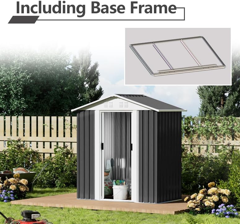 5X3 FT Outdoor Storage Shed with Floor Base, Waterproof Metal Garden Sheds w/Lockable Sliding Doors and Vents, Weather Resistant Tool Storage House for Backyard, Patio, Lawn, Dark Grey