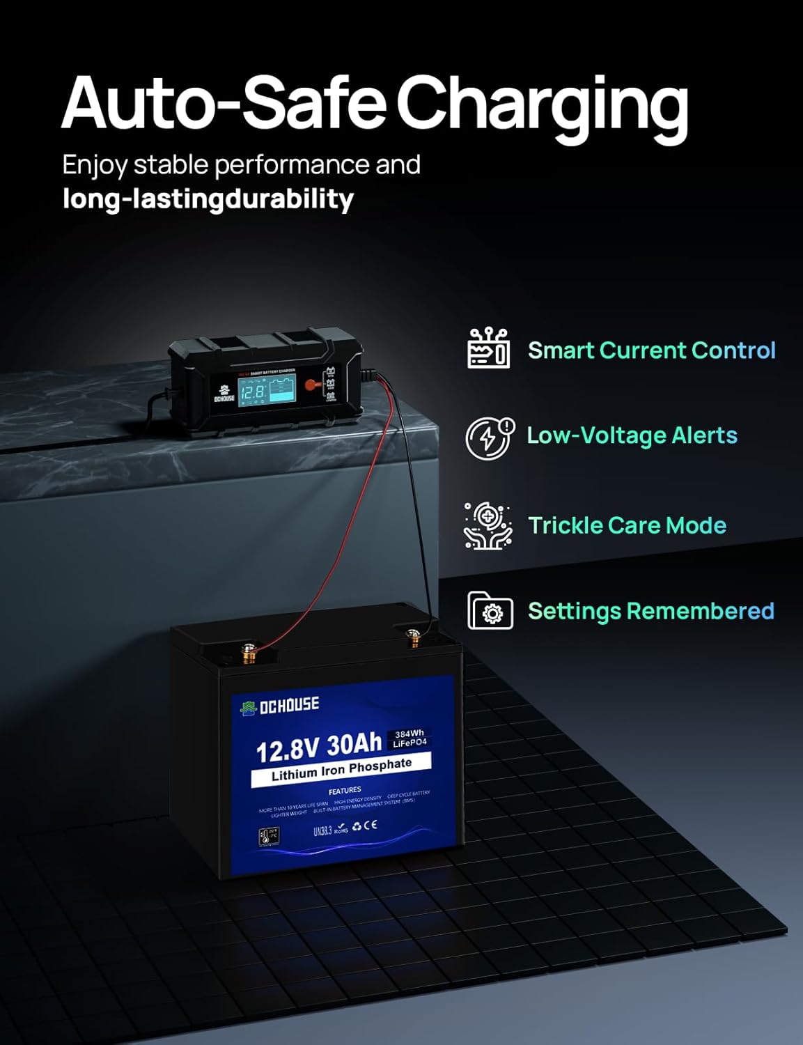 DC HOUSE 5A Battery Charger, 12V Smart Lithium Battery Charger for LiFePO4 & Lead Acid, Trickle Charger Maintainer and Desulfator for Car, Motorcycle, Automotive Batteries
