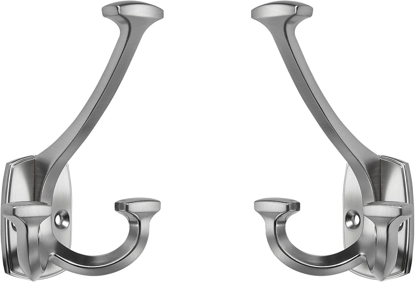Large Wall Double-Sided Hook 5 Pack Brushed Satin Nickel Hook Decorative Heavy Duty Solid Large Coat Hooks for Towel Hanging Coats Robe Towel Bags Door Back 2 Prong Hooks