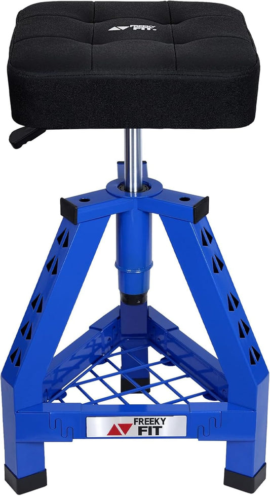 Adjustable Shop Stool,Garage Mechanic Stool Chair,Work Seat for Workshop, Adjustable Height, 360° Swivel Padded Square Seat,Tool Storage, 350 LBS Capacity, Heavy Duty, Blue