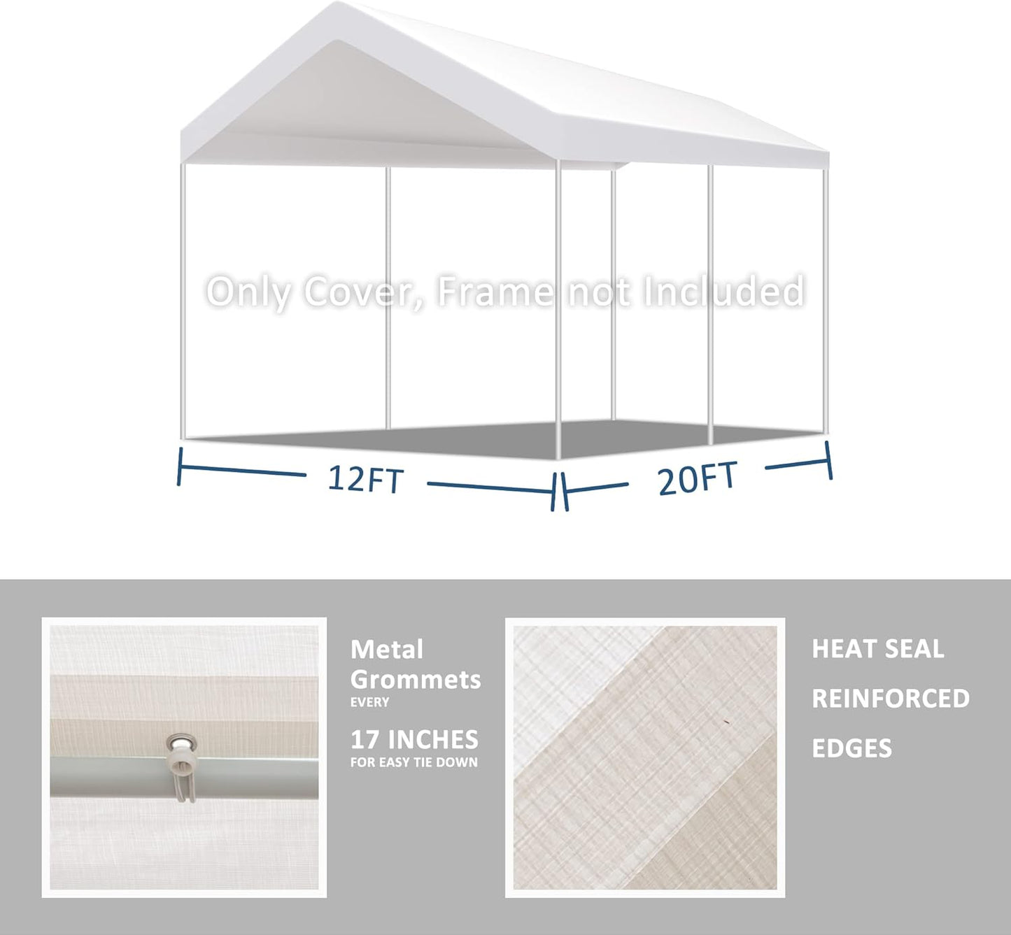12'x20' Carport Replacement Canopy Cover for Car Garage Shelter Tent Party Tent Top Tarp with Ball Bungees (Only Top Cover, Frame is not Included)
