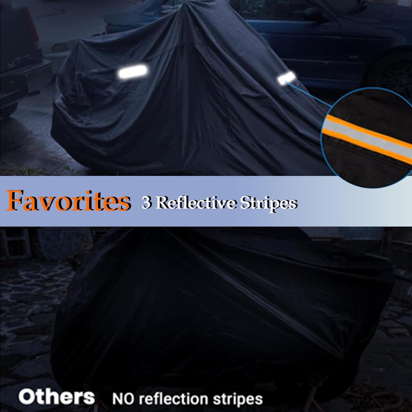 Motorcycle Cover, 210D Oxford Cloth, with Reflective Stripes, Waterproof Outdoor Protection, All-Weather Universal car Cover, with Lock Holes and Storage Bag. (All Black, 104")