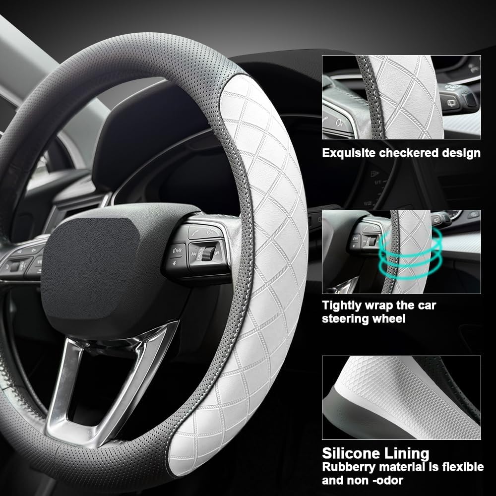 LKWLIKEI Nappa Leather Steering Wheel Cover, Elegant Diamond Checkered Design, Non-Slip wear-Resistant, Enhance Driving Comfort, Suitable for Steering Wheel Diameter 14 1/2‘-15’ Models.Black White