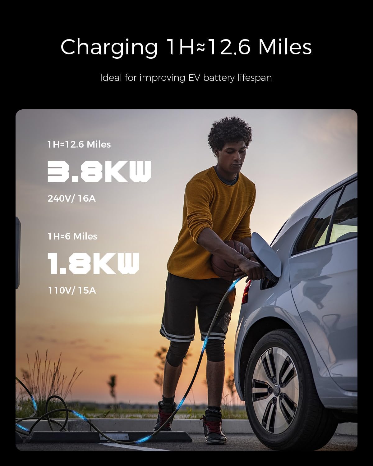 Level 1 EV Charger, 16A 110V 240V Portable EV Charger with 25FT Cable, Home Electric Vehicle Charging Station with NEMA 6-20 Plug NEMA 5-15 Adapter EVSE for All J1772 EVs