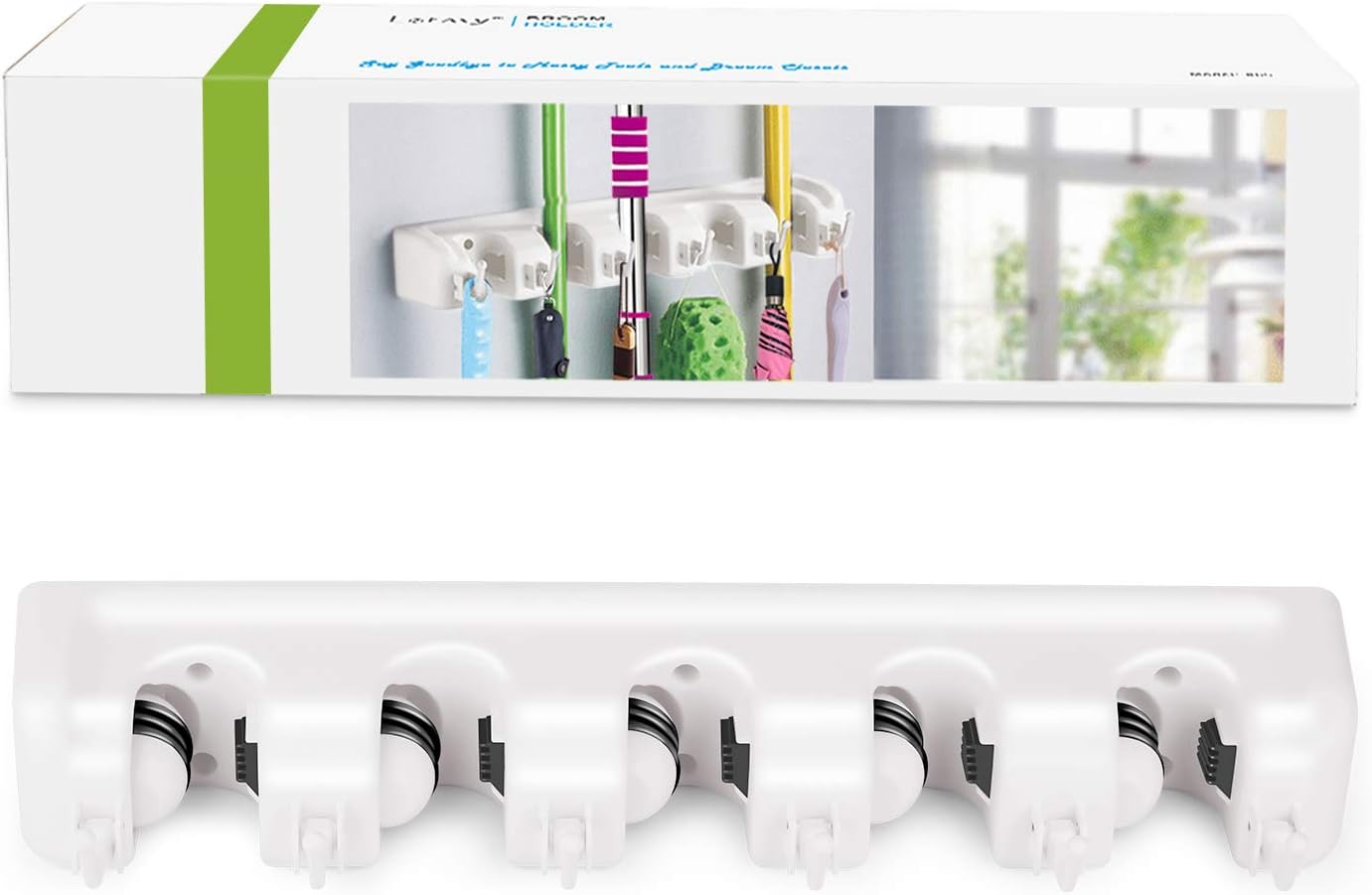 LETMY Broom Holder Wall Mount - Mop and Broom Hanger Holder - Garage Storage Rack & Garden Tool Organizer - 5 Position 6 Hooks Broom Rack for Home, kitchen, Garden, Tools, Garage Organization - White