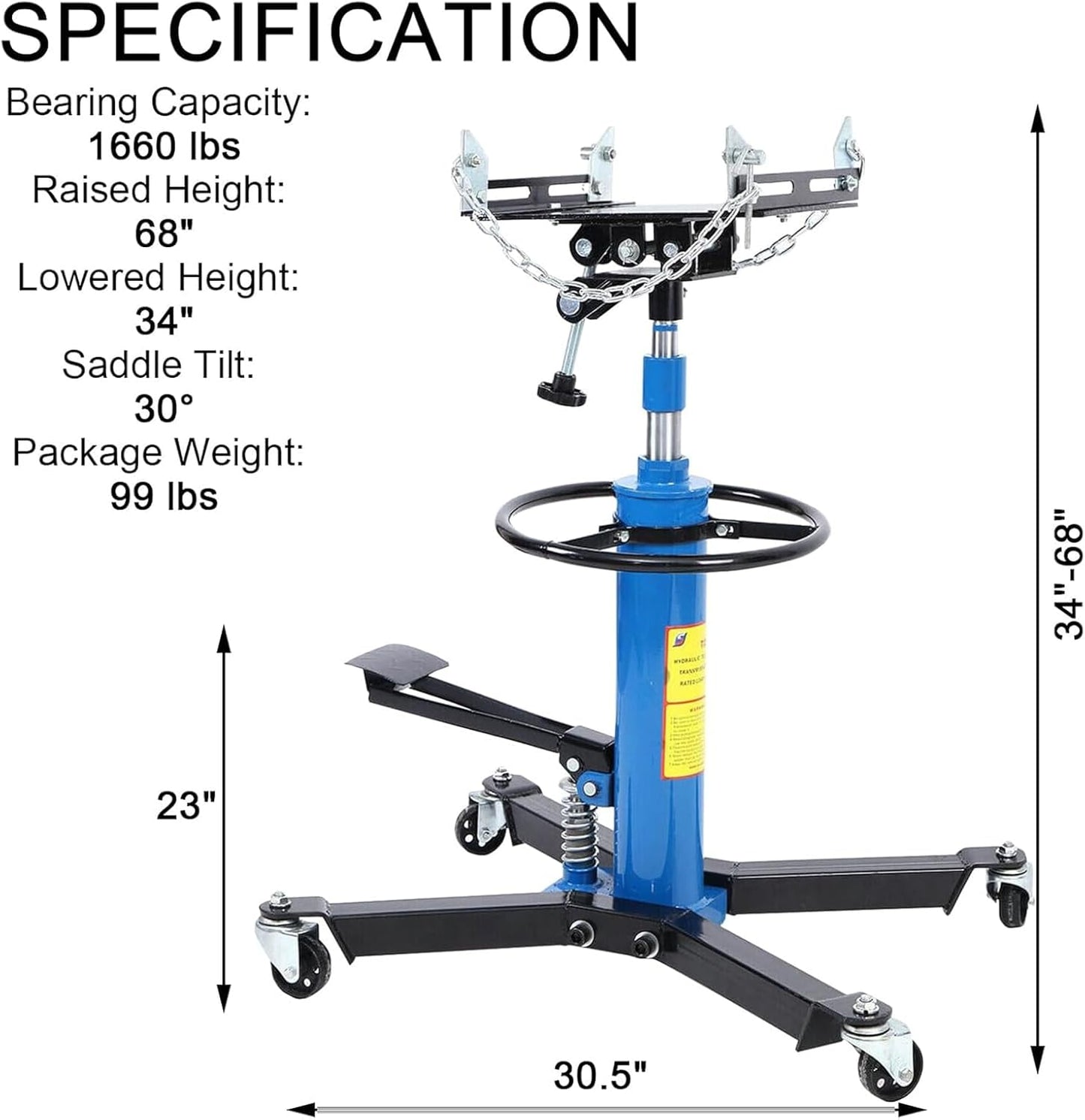 Transmission Jack 1660 lbs/ 0.75 Ton Capacity Hydraulic Telescopic Transmission Jack 34" - 68" Adjustable Height Telescoping Transmission Hydraulic with 360° Swivel Wheels Lift Hoist