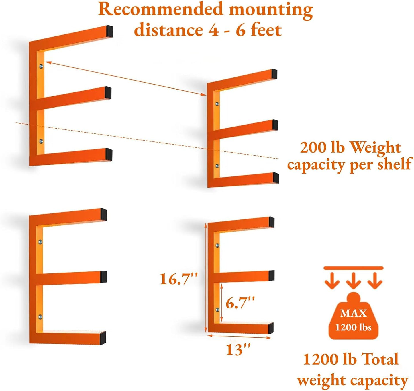 Heavy Duty Lumber Storage Rack Wall Mount, Metal Wood Rack Organizer with 6-Level Each Shelf Holds Up 200 Lbs, Indoor & Outdoor Use - 4pack