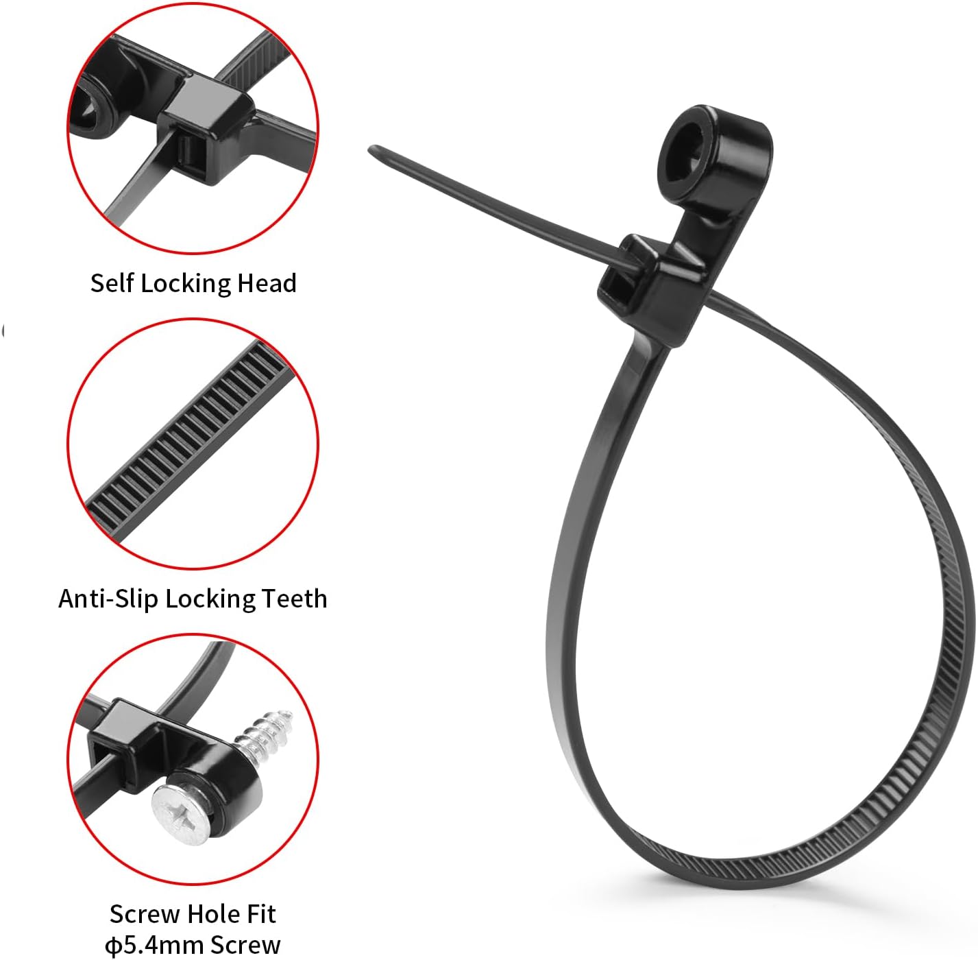 200 PCS 12 inch Black Zip Ties with Screw Hole 75lbs Mountable head Cable Ties Straps Multipurpose Heavy Duty Nylon Cable Zip Ties with Screw Mounting Hole