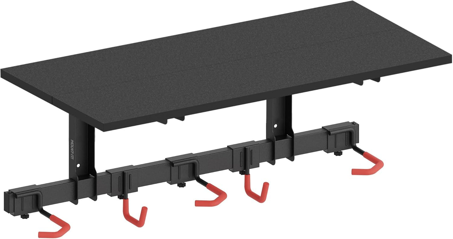 Mount-It! WheelsUp Bike Wall Mount with Shelf | Garage Storage Rack for 3 Bikes & Accessories | Adjustable Padded Hooks, 110 lb Shelf Capacity | Ideal Bike Rack Garage Wall Mount for Organized Spaces