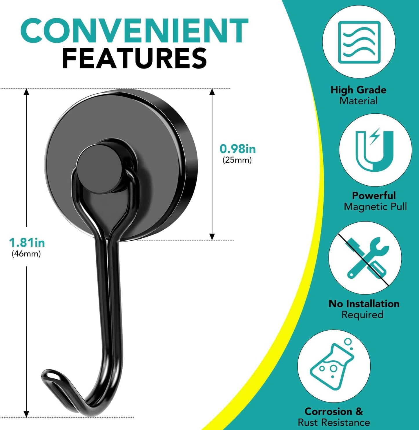 DIYMAG Black Magnetic Hooks, 80LBS Strong Magnetics Hooks Heavy Duty, Magnet Hooks with Metal Hanger for Hanging Refrigerator Home Kitchen Office, 8Pack